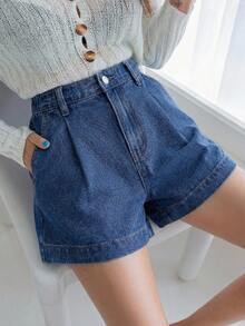Teen Girl Summer Boho Casual High Waist Solid Washed Pleated Baggy Wide Leg Denim Shorts,Suitable For Travel And Gathering, Spring/Summer Preppy Aesthetic Denim,Summer Pleated,Casuals, Holiday,Summer Holiday,Spring,Valentines Day,Casual - Medium Wash - View 4