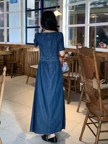 DAZY 复古方领拉链后背收腰花瓣袖牛仔连衣裙，女士夏季款 - 藍色 - 查看 8