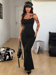 Coolane Women's Spring/Summer Streetwear Vacation Outfits Concert Outfit Y2K Daily Wear Elegant Casual Date Night Stretchy Lace Bow Bustier Long Dress,Valentine's Day - Black - View 2