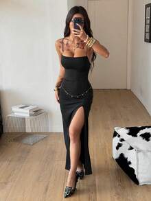 Coolane Women's Summer Streetwear Casual Date Night Elegant Birthday Chic Comfortable Stretchy High-Slit Padded Backless Halter Long  Prom Dress - Black - View 4