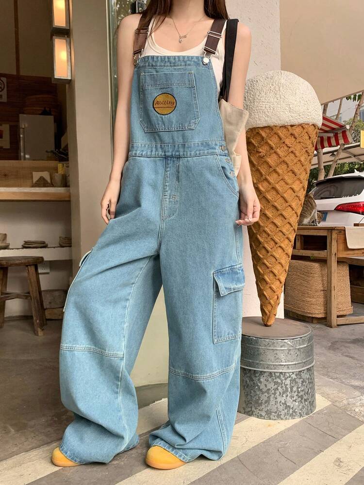 Women's Contrast Color Webbing Patchwork Denim Jumpsuit, Casual Street Style Washed Bib Overall Pants
