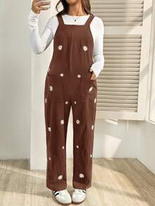 SHEIN Pregnant Women Floral Embroidery Pocket Casual Versatile Daily Wear Bib Overall Pants - Brown - View 6