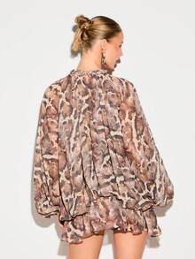 KIZN Women Snake Print Chiffon Long Sleeve Ruffle Hem Mini Dress With High Neck And Volume Sleeves Party Evening Wear - Multicolor - View 2