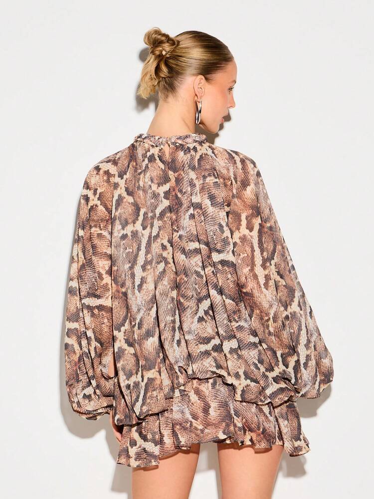 KIZN Women Snake Print Chiffon Long Sleeve Ruffle Hem Mini Dress With High Neck And Volume Sleeves Party Evening Wear