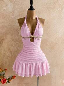 Soleia 白色露背扭结修身迷你连衣裙，金属配饰，贝壳装饰，适合秋冬季海滩度假穿着。 - 粉色 - 查看 3