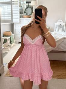 CovetEZ 女士波点印花蕾丝拼接吊带迷你连衣裙 - 粉色 - 查看 5