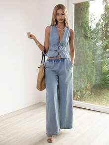 Sunnyshic 时尚休闲弹力腰浅色水洗阔腿牛仔裤 - 淺色水洗藍 - 查看 3