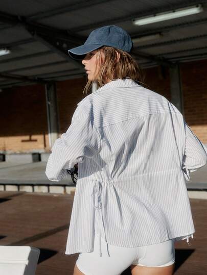 Aralina Leisurewear Active Women's Oversized Yarn Dyed Stripe Woven Contrast Button Up With Cinched Waist Drawstring Detail Gym Workout Casual Basic Shirt