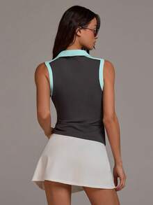 Athîral Women's Casual Color Block Collared Grey & White Two Pieces Skirt Set - Multicolor - View 2