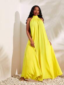 SHEIN SXY Bộ jumpsuit nữ cỡ lớn màu trơn, cổ yếm, dáng rộng, hở lưng, xếp ly, kiểu dáng thường ngày. - Màu vàng ngỗng - Xem 6