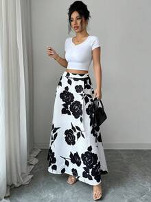 Lyxana Women Jacquard Casual Versatile Date Night Skirt - Black and White - View 7