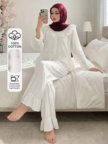 DAZY 浪漫轻盈纹理面料荷叶边女士睡衣套装 - 白色 - 查看 4