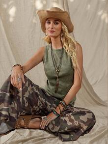 Wildy Women's Olive Green Boho Summer Casual Sleeveless Top,Cotton Vintage Distressed Music Festival Western Outfits,Daily Wear Occasion Basic Tops - Green - View 7
