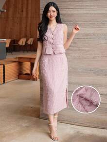 DAZY Conjunto de 2 piezas de camiseta de tirantes con cuello en V texturizada y falda para mujer, elegante para verano y vestido de invitada de boda - Rosa - Ver 1