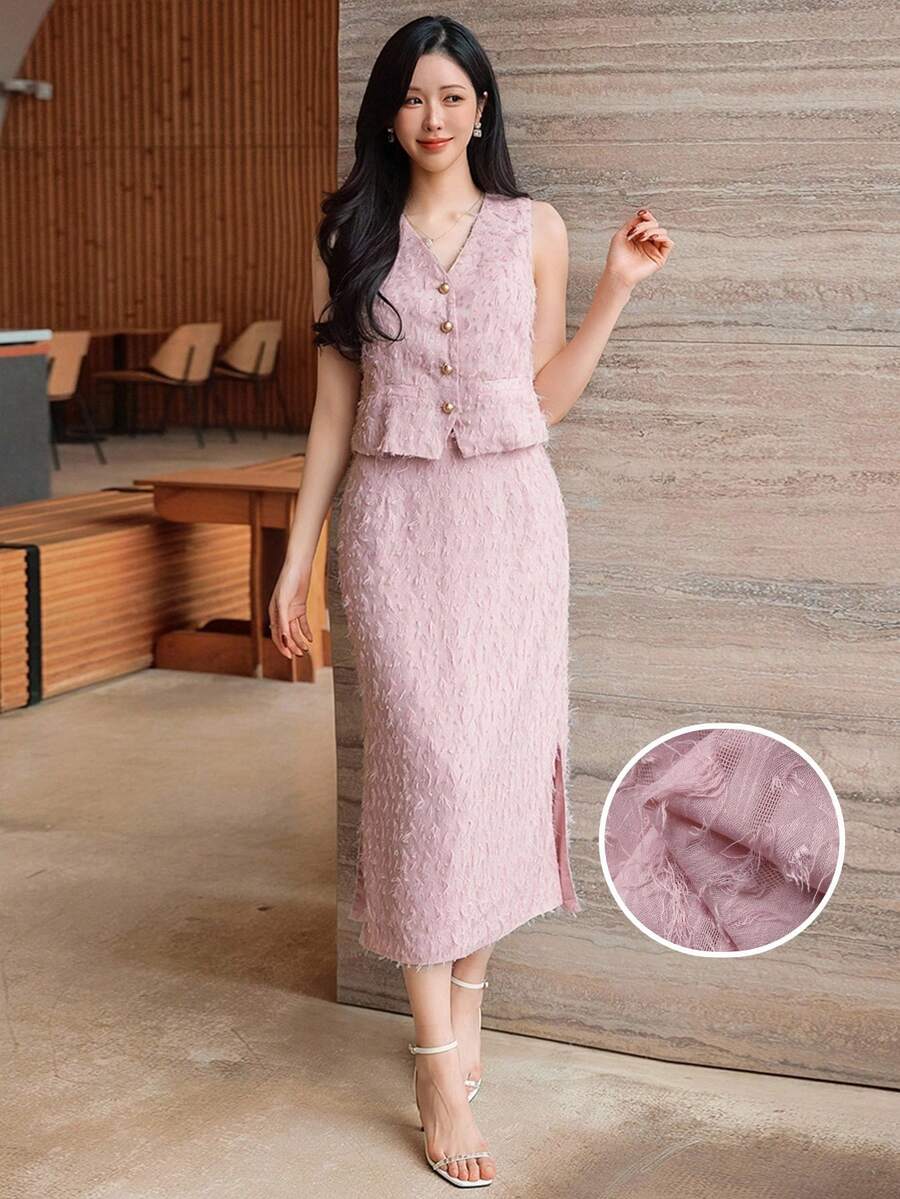 DAZY Conjunto de 2 piezas de camiseta de tirantes con cuello en V texturizada y falda para mujer, elegante para verano y vestido de invitada de boda - Rosa - Ver 1