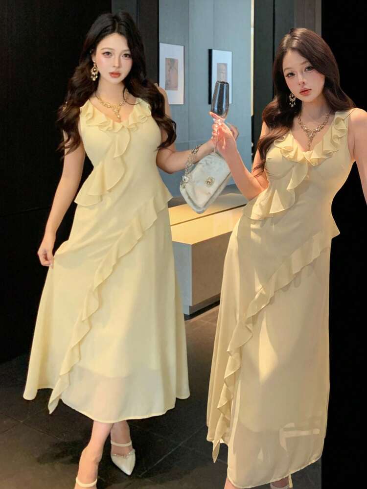 Women's Elegant Ruffled V-Neck Sleeveless Mid-Length Dress, Summer Wedding Guest Dress Sundress