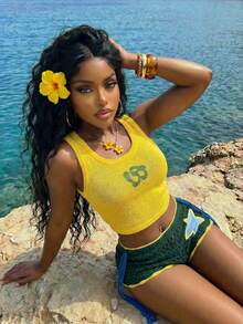 Slaydiva 早春新款，春夏音乐节，情人节，复活节休闲简约基础款Y2K街头甜美畅销款，日常约会，辣妹风，性感运动风，休闲度假圆领无袖LA英式羊毛上衣，黄色背心+超短裤，迷你裤，流苏装饰，星形钩针图案，深绿色短裤，女士毛衣套装 -A - 彩色 - 查看 7