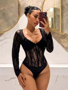 Slaydiva 2025秋冬季新年、情人节、派对、宴会、约会、生日派对、学院风、学生装、日常休闲、百搭基础款、休闲、邮轮旅行、爆款、优雅浪漫性感派对、性感、方领、蕾丝领口、收腰、黑色蕾丝、透视、紧身连体衣、秋冬连体衣、性感连体衣、女士连体衣 - 黑色 - 查看 5