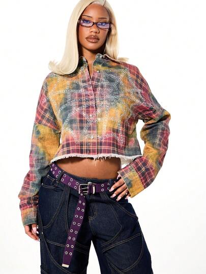 SUMWON WOMEN Women's Oversized Acid Wash Check Rhinestone Cropped Boxy Denim Jacket Fall Winter Button Up Distressed Raw Hem Vintage Style Trucker Jacket