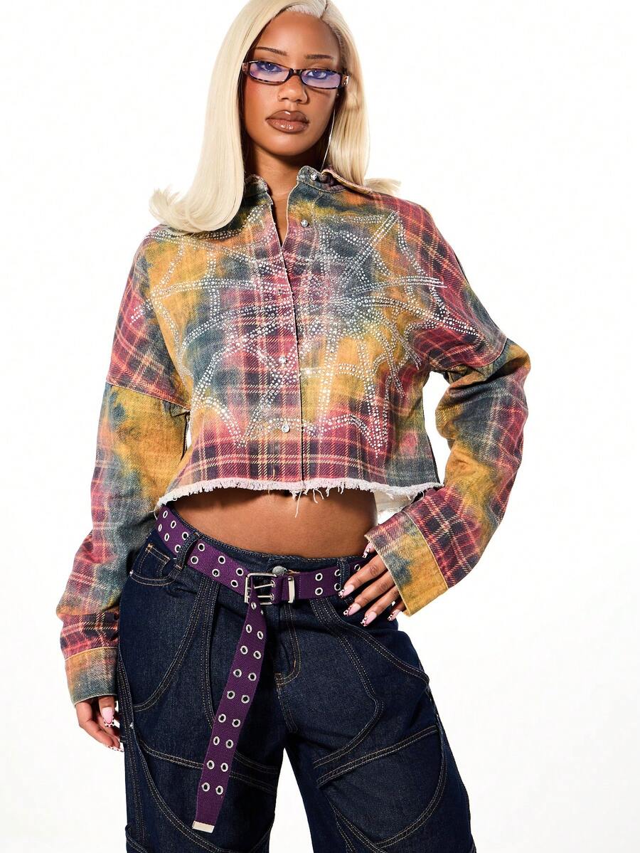 SUMWON WOMEN Women's Oversized Acid Wash Check Rhinestone Cropped Boxy Denim Jacket Fall Winter Button Up Distressed Raw Hem Vintage Style Trucker Jacket - Red - View 1