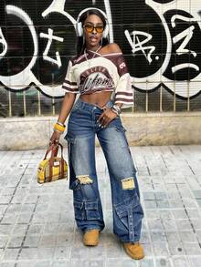 Slaydiva 女士高腰宽松工装口袋破洞阔腿牛仔裤 - 藍色 - 查看 5