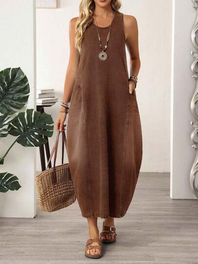 EMERY ROSE Women's Solid Color Round Neck Casual Daily Date Denim Dress