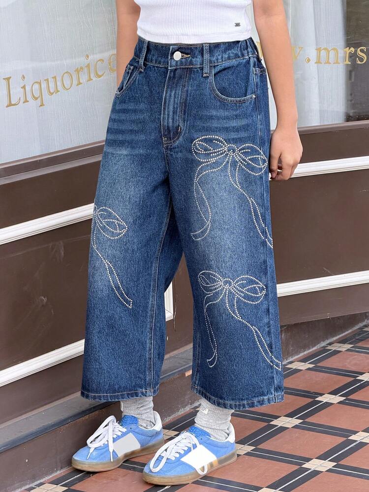 Tween Girls' Bow Rhinestone Embellished Straight Leg Jeans