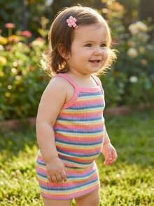 SHEIN Baby Girls Rainbow Striped Elastic Cute Sleeveless Dress, Spring/Summer - Pink - View 1