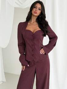 Firerie 女士优雅简约时尚通勤都市新款复古甜心领条纹腰部衬衫上衣和高腰阔腿裤两件套，酒红色 - 酒紅色 - 查看 4