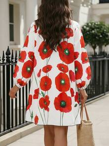 EMERY ROSE Spring/Summer New V-Neck Long Sleeve Casual Floral Print Colorblock Mini Dress For Women - Multicolor - View 2