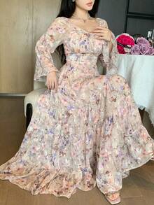 DAZY 女士方领收腰A字碎花优雅连衣裙 - 彩色 - 查看 3