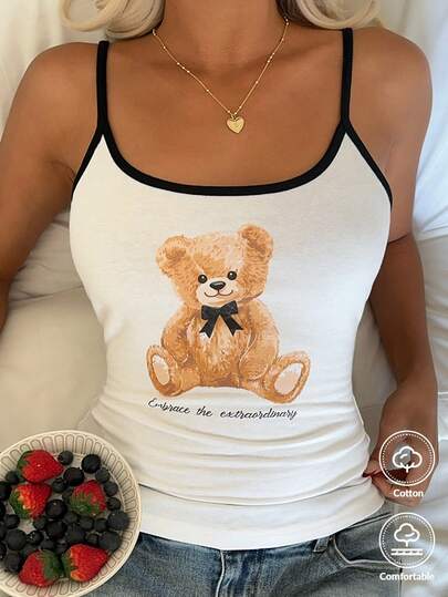 CovetEZ Women's Casual Wear 2026 New Style Home Casual Sweet And Cute Pure And Alluring Letter Cartoon Bear Print Casual Home Cute Cami Top