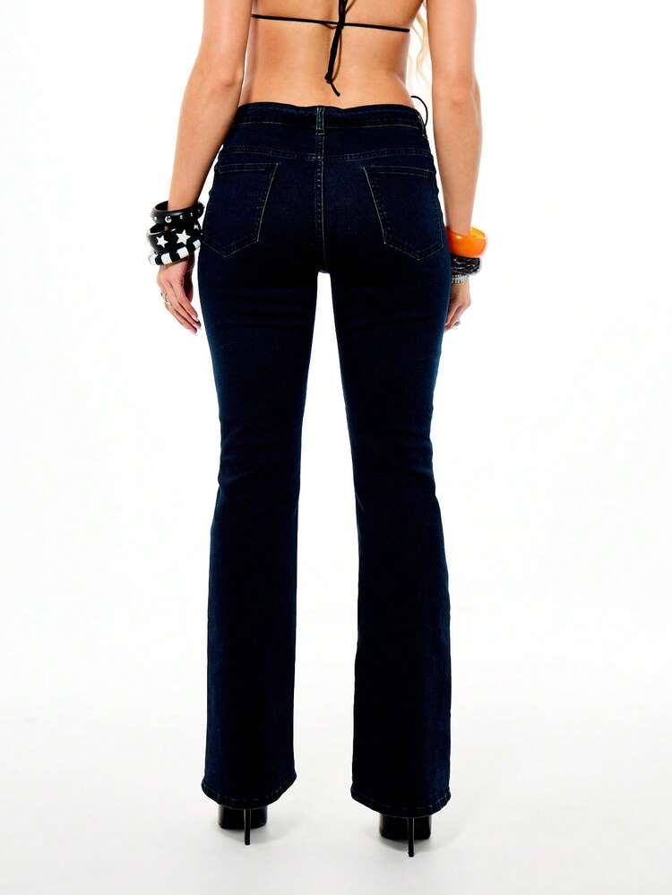 SUMWON WOMEN Women High Rise Dark Wash Flared Leg Lace Up Detail Denim Jeans With Metal Eyelets Boho Festival Fashion