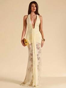SHEIN BAE Solid Yellow Sexy Deep V-Neck Textured Bodycon Dress, Elegant Beach Vacation Dress, Spring/Summer Mesh Maxi Dress See Through Dress Transparent Dress Sexy Long Dress - Light Yellow - View 1