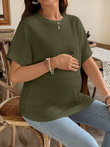 SHEIN Solid Color Round Neck Short Sleeve Casual Maternity Top - Army Green - View 3