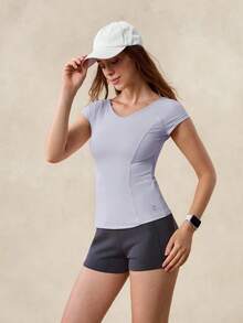 OutZeal Áo tập gym nữ, áo thun thể thao màu trơn, mùa hè xuân, tennis, yoga, áo casual, thoáng mát, ôm sát, tay ngắn, giúp kiểm soát vòng bụng, thích hợp cho hoạt động thể thao. - Màu tím - Xem 6