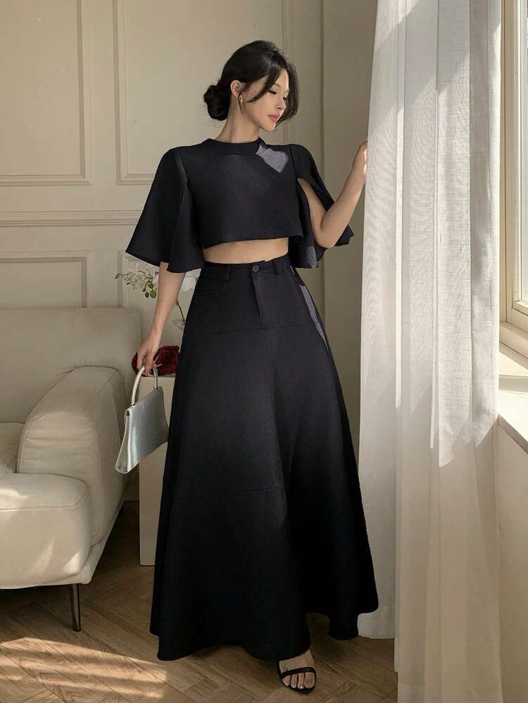 Spring & Summer Shawl Collar Short Top, Black Shirt, Elegant Outfit For Valentine's Day, Wedding, Party, Formal Event, Fashion Cocktail Dress, Slim Fit, Minimalist A-Line Skirt, Ladies 2-Piece Set