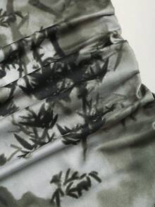 Sweetra Women's Mandarin Collar All-Over Print Ruched Asymmetric Hem Fitted Casual Short Sleeve T-Shirt - Multicolor - View 4