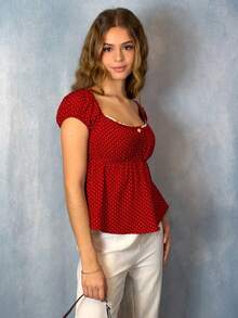 Aless PB Women's Comfortable Square Neck Polka Dot Print Short Sleeve Blouse - Red - View 3