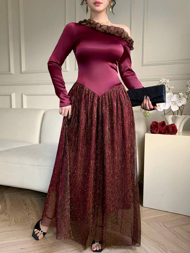 Burgundy Autumn Elegant Dining Dress,Red Shiny Organza Satin Ruffle Cold Shoulder Splice,Slim Fit Flared Skirt Long Sleeve Midi Dress For Women Party