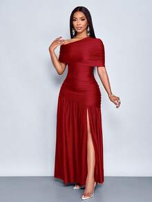 SOLERSUN Women's Burgundy Red Summer Elegant Dining Party One Shoulder Off-Shoulder Neck Front Slit Pleated Hem Glossy Fabric Knitted Maxi Dress - Burgundy - View 5