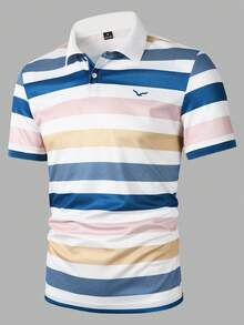 Manfinity Mode 男士條紋翻領 Polo 衫，條紋夏日休閒度假、郵輪、高爾夫 Polo，老錢風禮物、儀式感 - 藍色 - 查看 5
