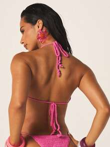 MISSGUIDED Conjunto de bikini de triángulo hecho a mano a ganchillo con detalles de aplicaciones florales y Bottom con tiras laterales para playa y vacaciones de verano - Púrpura malva - Ver 2