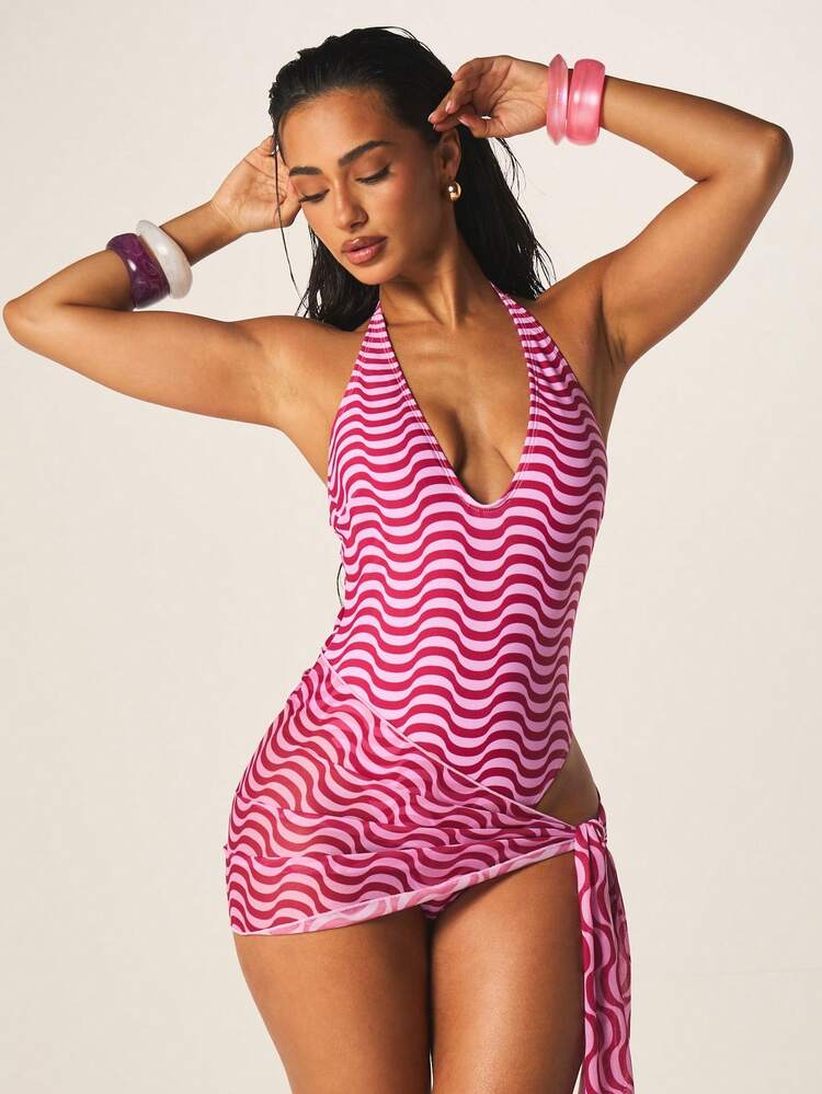 MISSGUIDED Costume da bagno intero donna con scollo a V, stampa a onde rosa, con pareo abbinato con laccetti laterali, coprispalle estivo per vacanze, feste in piscina