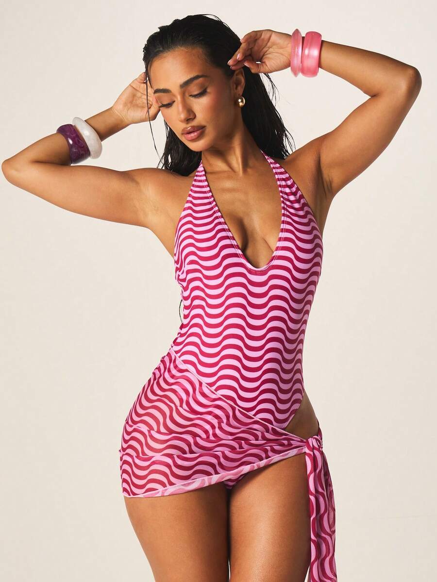 MISSGUIDED Bộ đồ bơi liền thân cổ chữ V màu hồng in họa tiết sóng biển dành cho nữ, kèm khăn choàng sarong buộc bên hông, thích hợp cho kỳ nghỉ hè, tiệc bể bơi. - Hồng - Xem 1