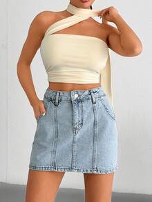 SHEIN Saia jeans de cintura alta, 100% algodão, com lavagem especial. - Lavagem Média - Ver 2
