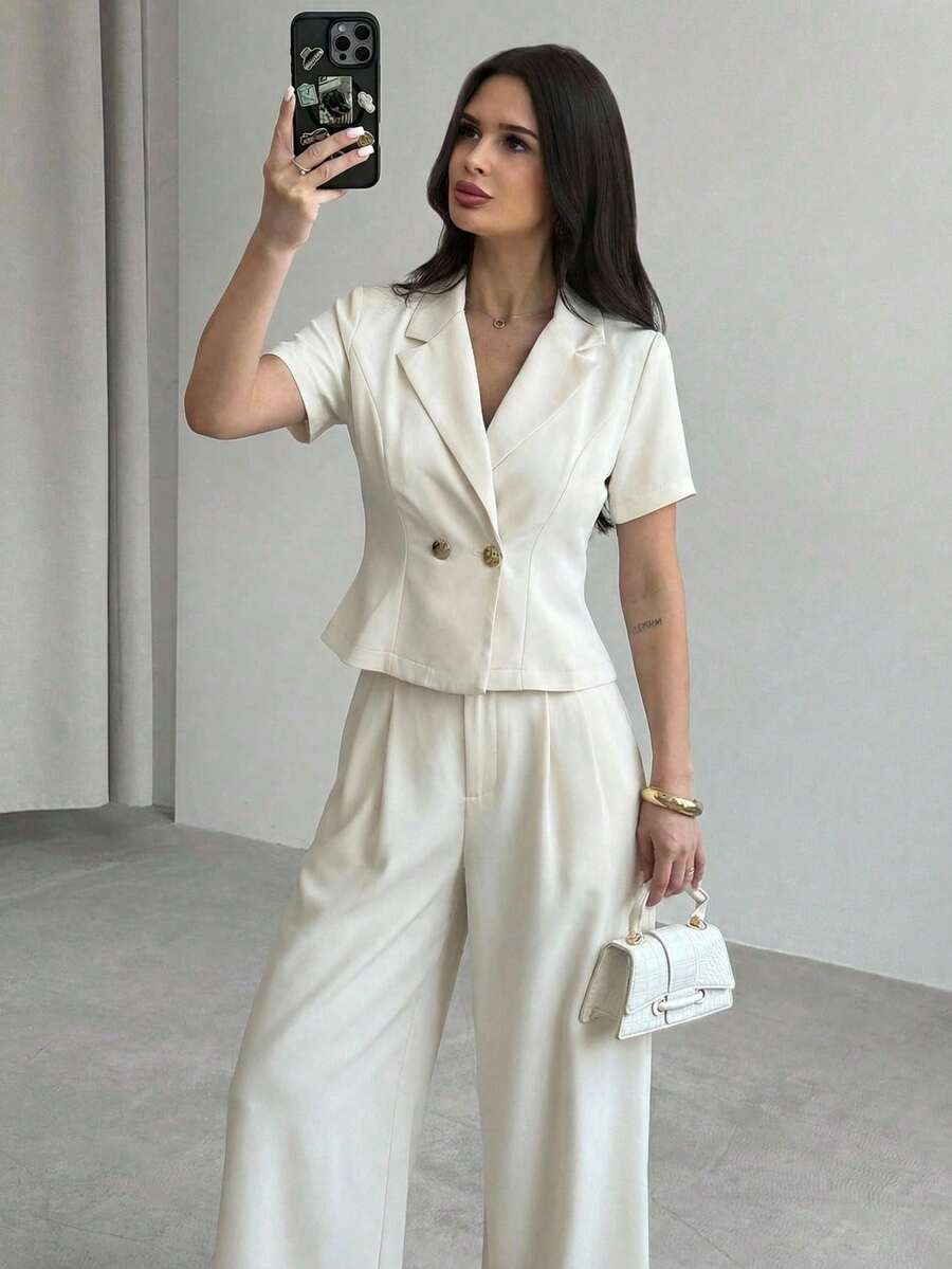 Firerie Bộ đồ vest thường ngày ve áo cổ bẻ tay ngắn hai hàng khuy trơn màu dành cho nữ và quần ống rộng