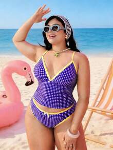 Swim Mod 2026 New Plus Size Women 2 Pieces Geometric Print Fashionable Casual Swimwear, Adjustable Thick Strap High Waist High Leg Triangle Bikini - Purple - View 4