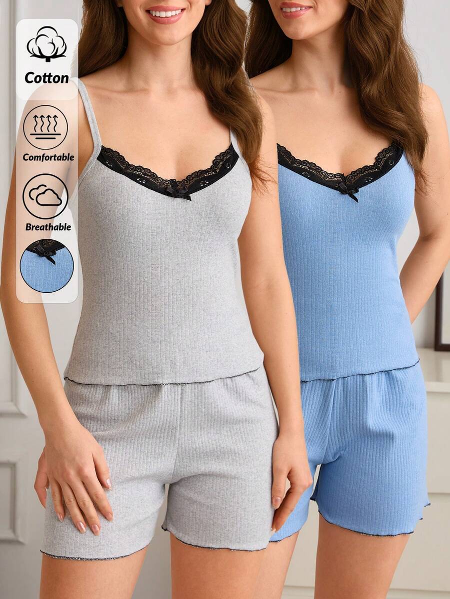 SHEIN 女款棉質 2 件組羅紋針織睡衣套裝 灰藍對比色蕾絲細節 無袖上衣短褲居家服 可愛端莊休閒 夏季淺灰色居家休閒服 - 薄荷綠 - 查看 1