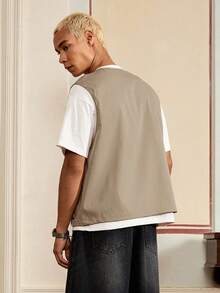 SWAVVY 宽松男士翻盖口袋背心外套（不含T恤） - 駝色 - 查看 2